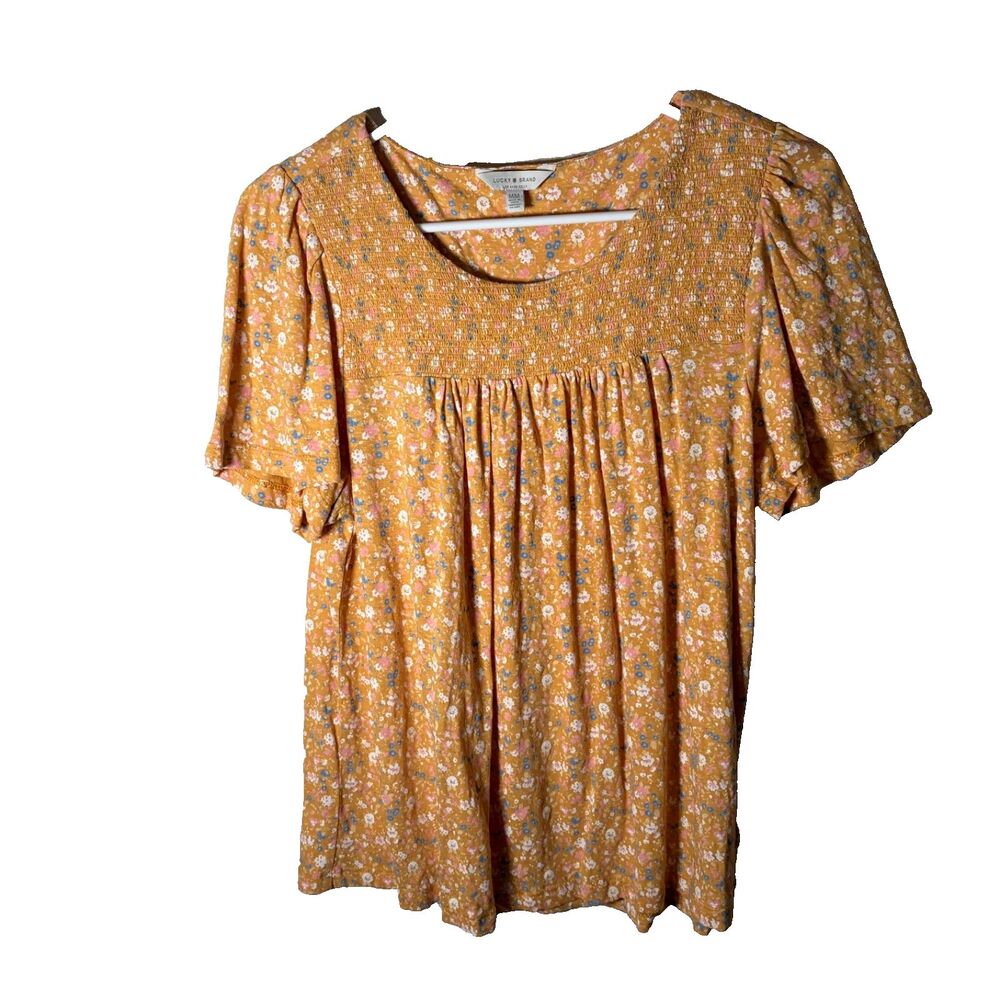 Lucky Brand Blouse Women's Medium Yellow Short Sleeve Round Neck Boho Shirt Top